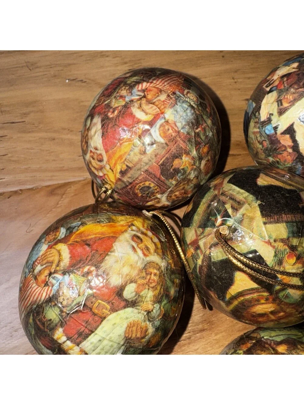 6 Vintage Decoupage Christmas Ornaments Lot Santa Victorian Style 2.5”Balls